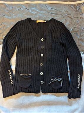 Crisca Black Ribbed Button-Front Cardigan with Pocket Bows